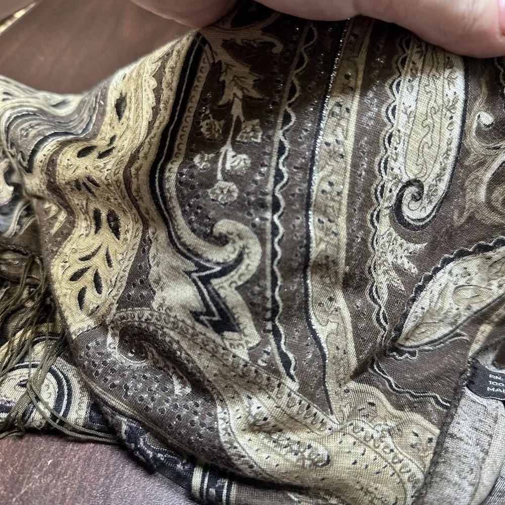Paisley Scarf Brown Beige Olive Metallic Thread Fringe Tassel Boho Womens
